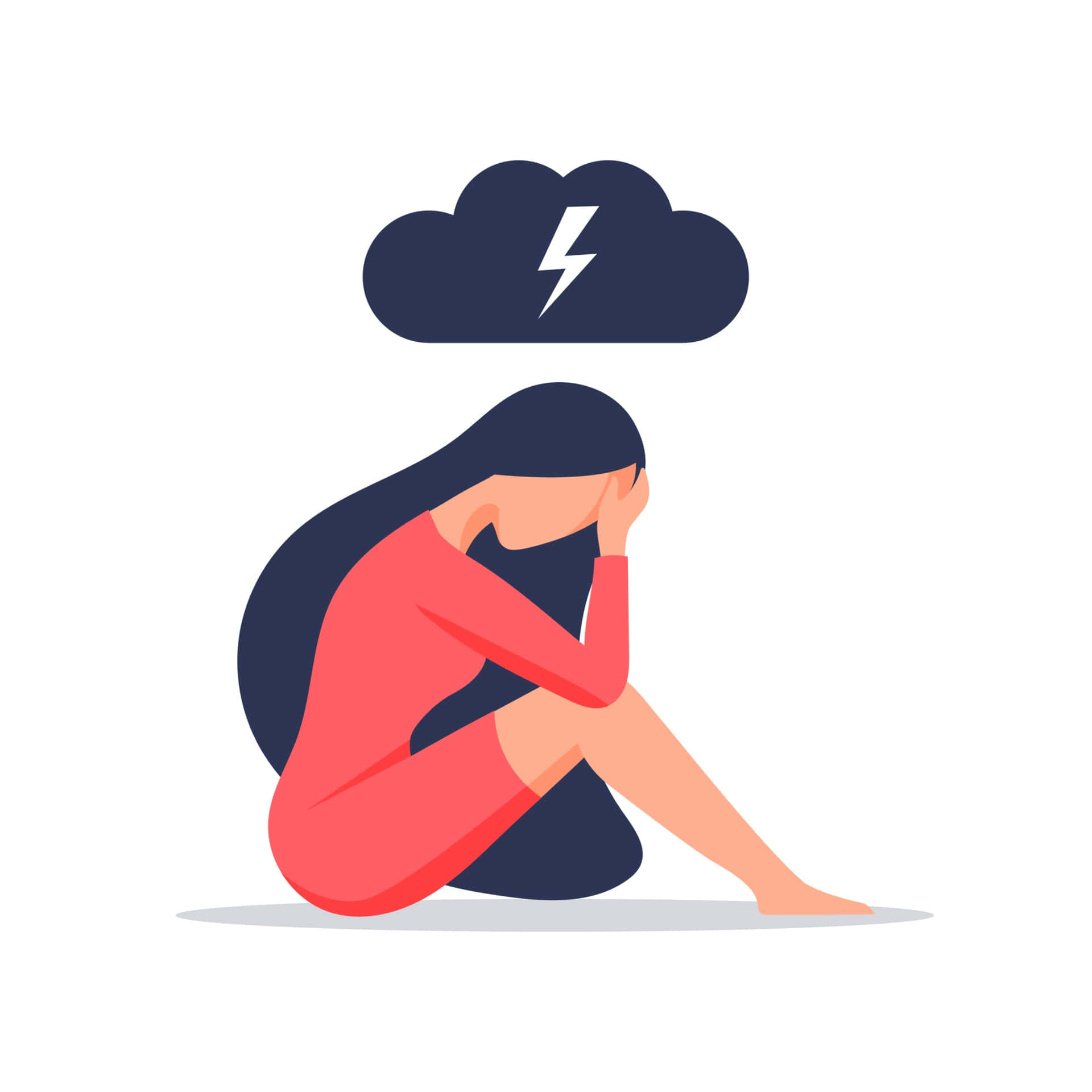 Depression Girl 桌布 壁紙 — 一位穿著紅色連衣裙的風格化女性蜷縮在地板上，雙手抱頭，一朵帶有閃電的烏雲懸浮在她上方。