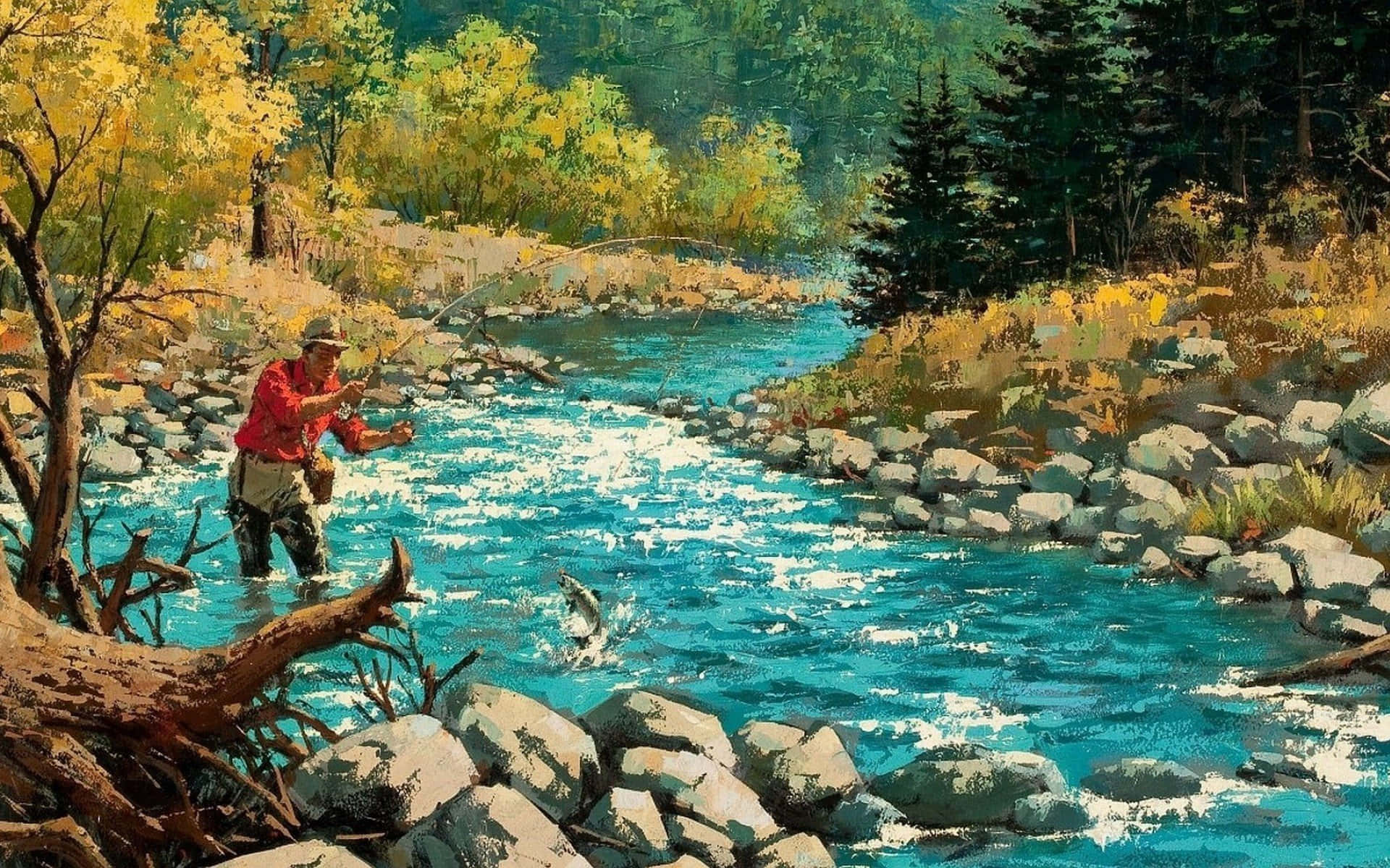 Fly Fishing 桌布 壁紙 — 一位穿著紅衫的漁夫將魚線拋入碧綠色的河流，一條魚從水中躍起，周圍是秋天的樹木和岩石。