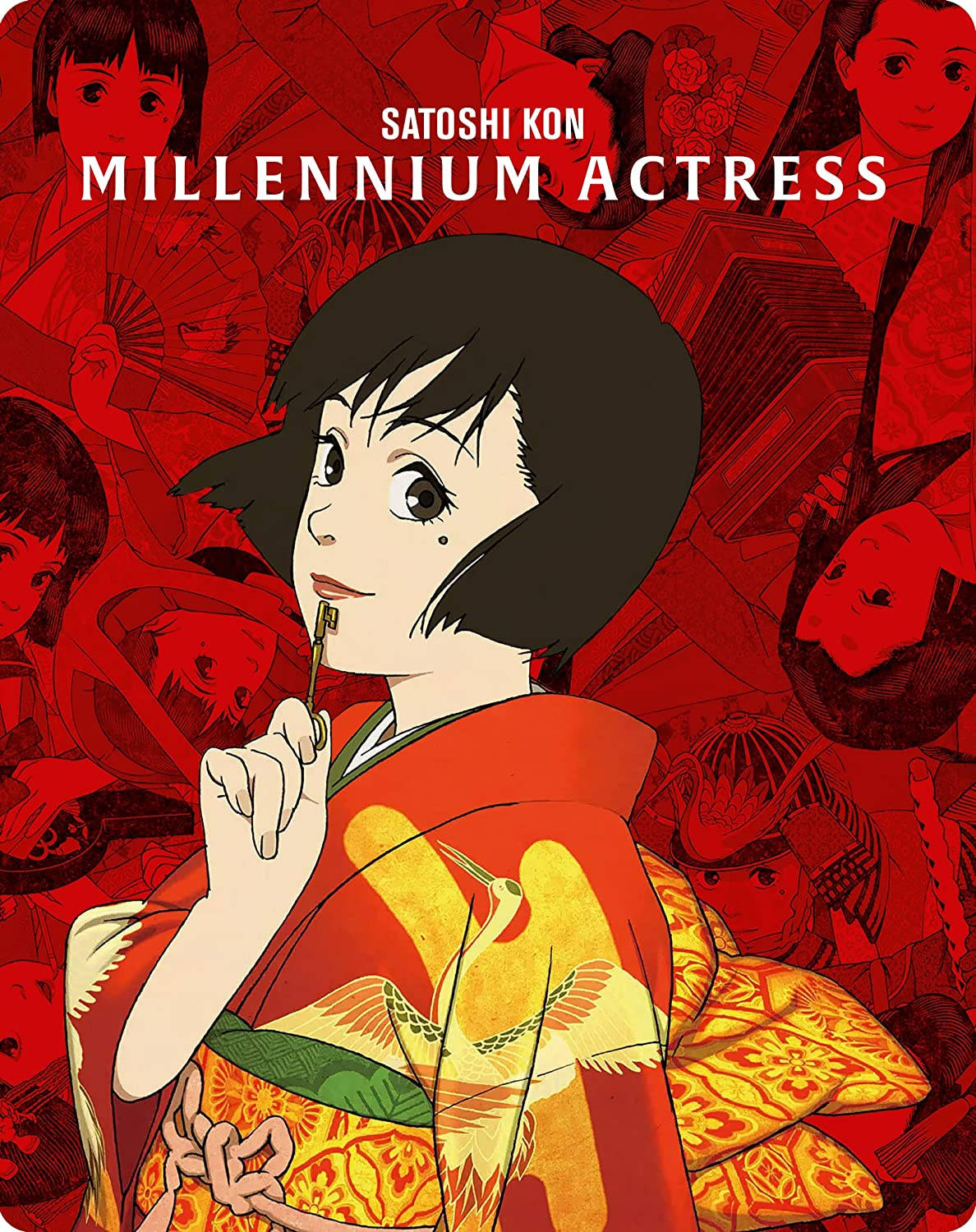 satoshi kon 桌布 壁紙 — 一位穿著紅金色和服的年輕女子，在充滿動漫風格面孔和日本圖案的鮮紅色背景前拿著香煙。
