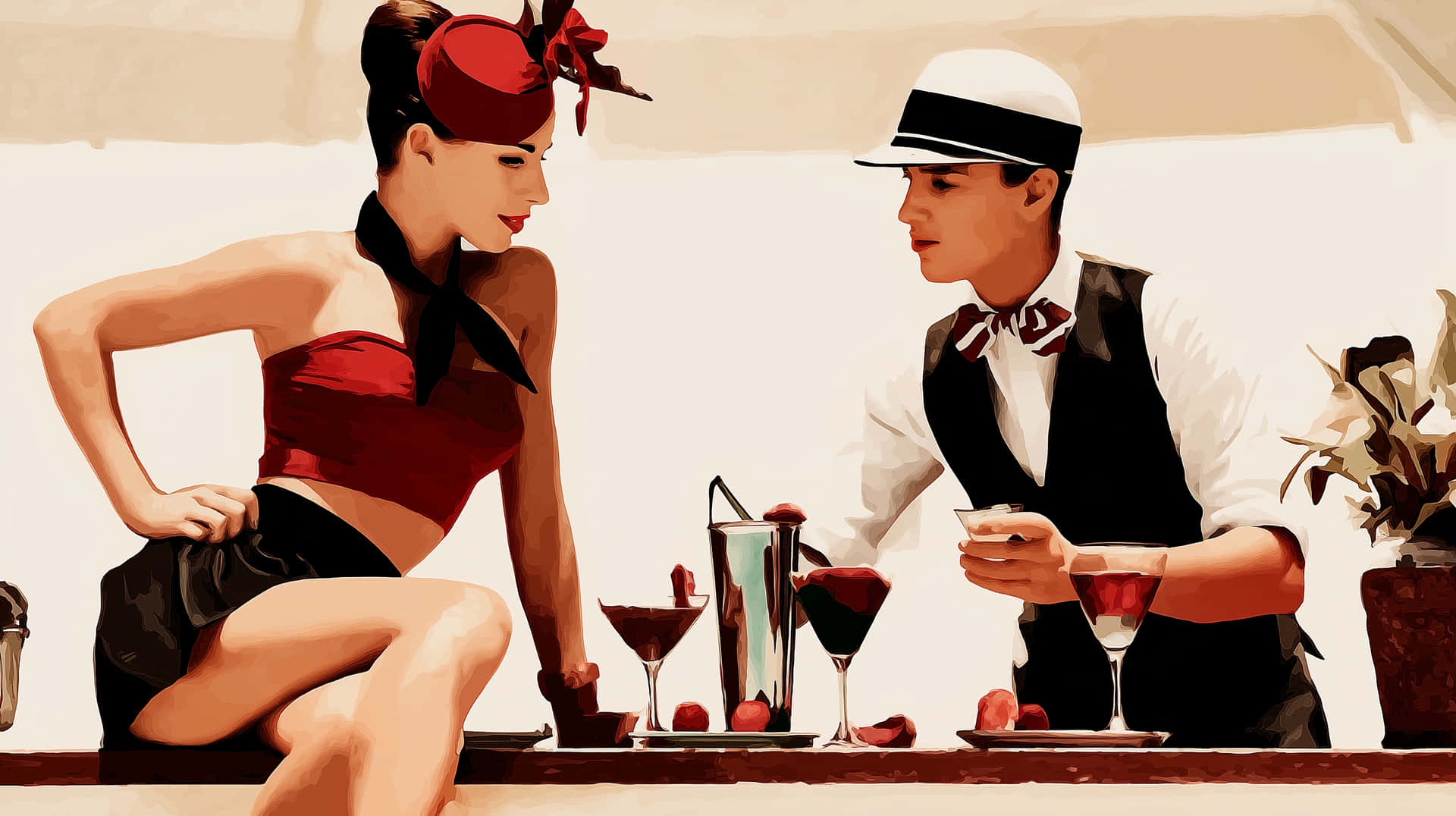 Retro Couple Sipping Cocktails at Outdoor Cafe Painting 壁紙 — 一位穿著紅黑服飾的迷人女士靠在吧檯上，而一位戴白帽穿背心的侍者為她提供深色雞尾酒。