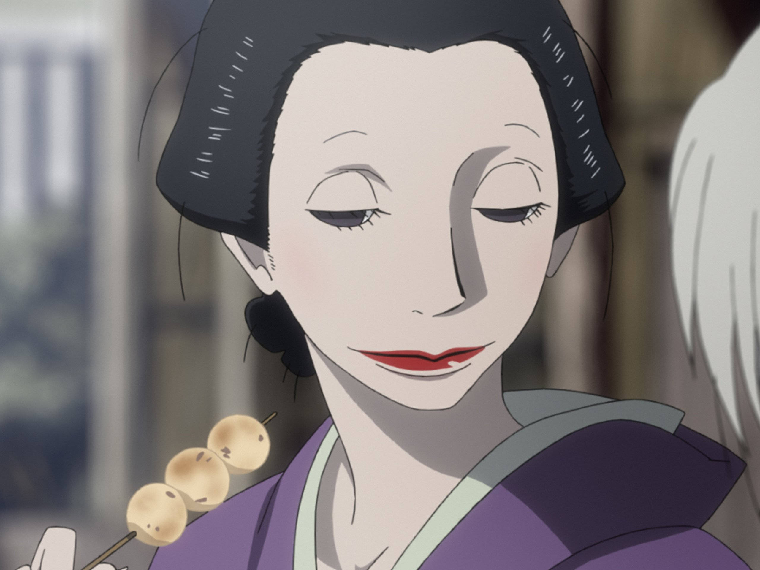 saraiya goyou 桌布 壁紙 — 一位穿著紫色和服的寧靜動漫女子，手持一串餃子，面帶溫柔微笑。