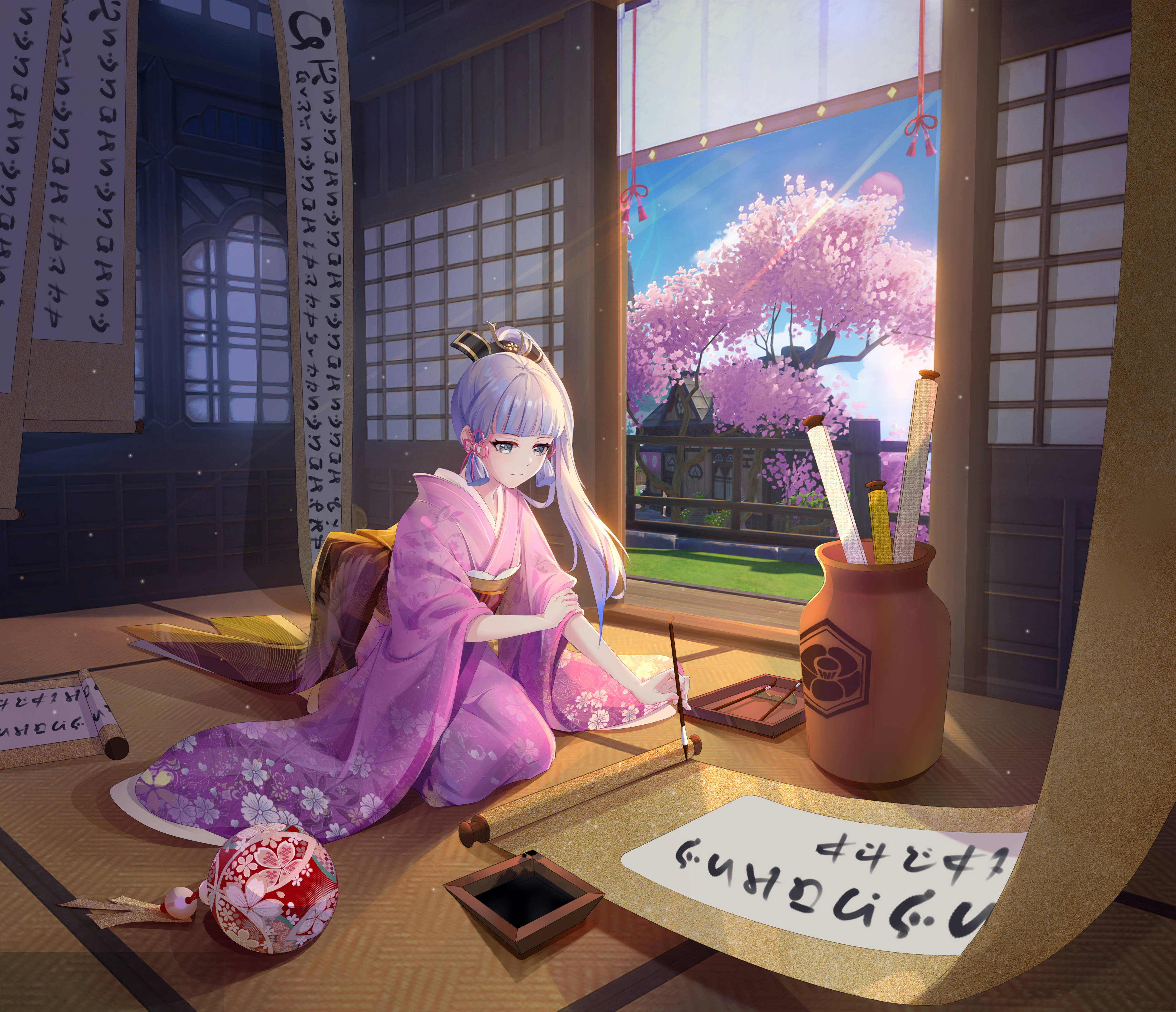 電玩遊戲 桌布 壁紙 — 一位穿著紫色和服的寧靜動漫女孩，在俯瞰盛開櫻花的窗邊練習書法。