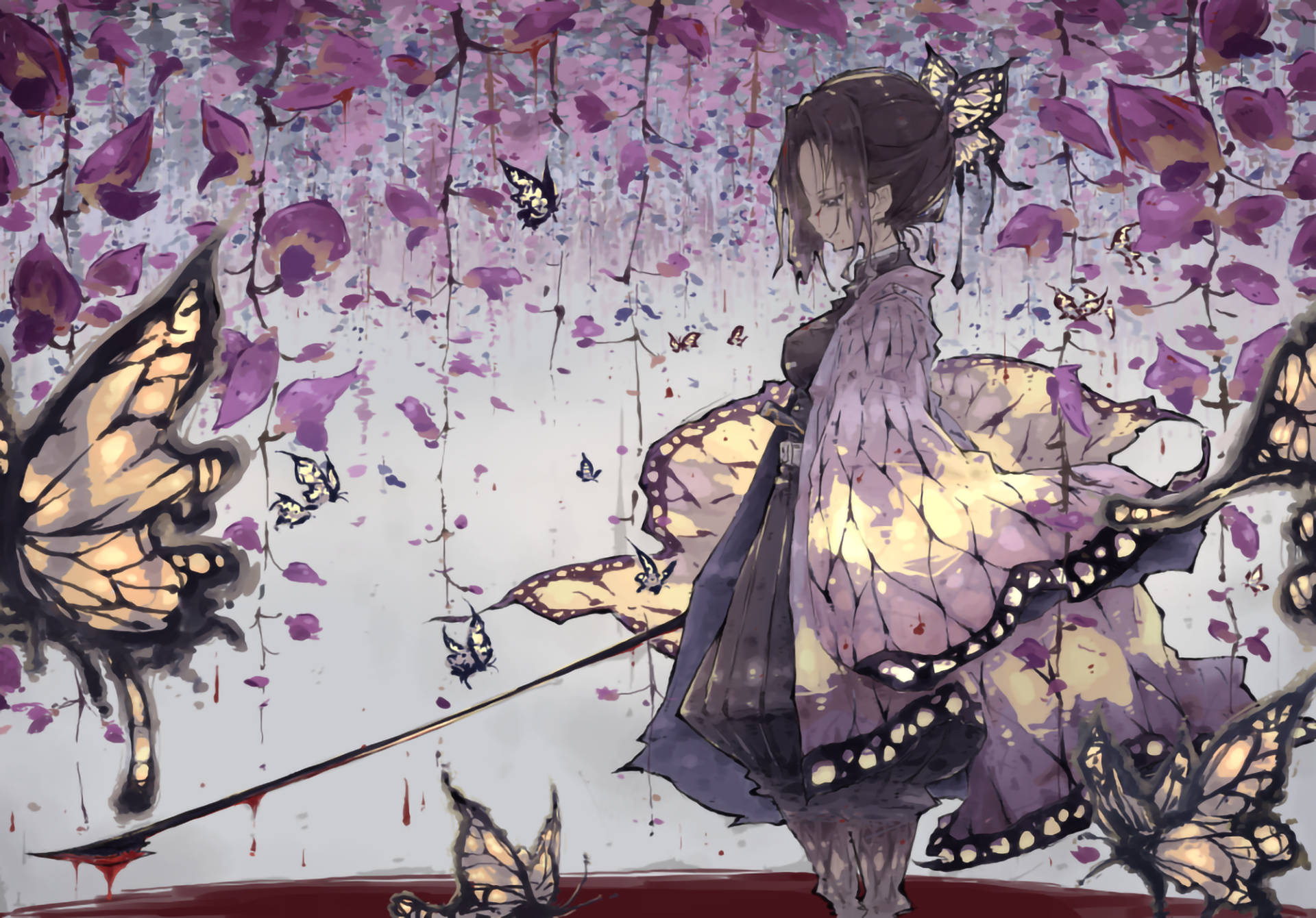 Shinobu 桌布 壁紙 — 一位穿著紫色和服的年輕女子站在飄落的紫色樹葉和發光的蝴蝶之中，營造出超現實、如夢似幻的場景。