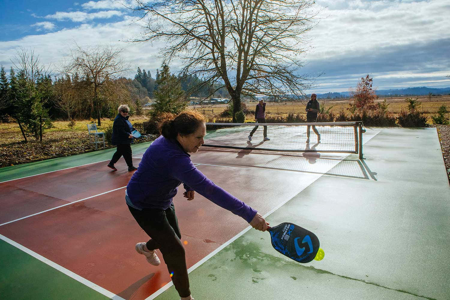 Pickleball 桌布 壁紙 — 一位穿著紫色外套的女性在戶外球場上猛力擊打匹克球，背景有光禿的樹木和遠處的山丘，天空多雲。