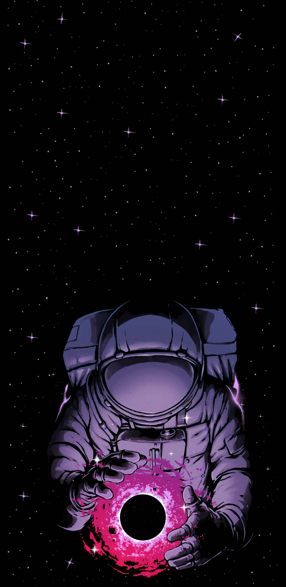 太空人在星際間懷抱著一顆發光的粉紅色行星。 — 太空人 壁紙