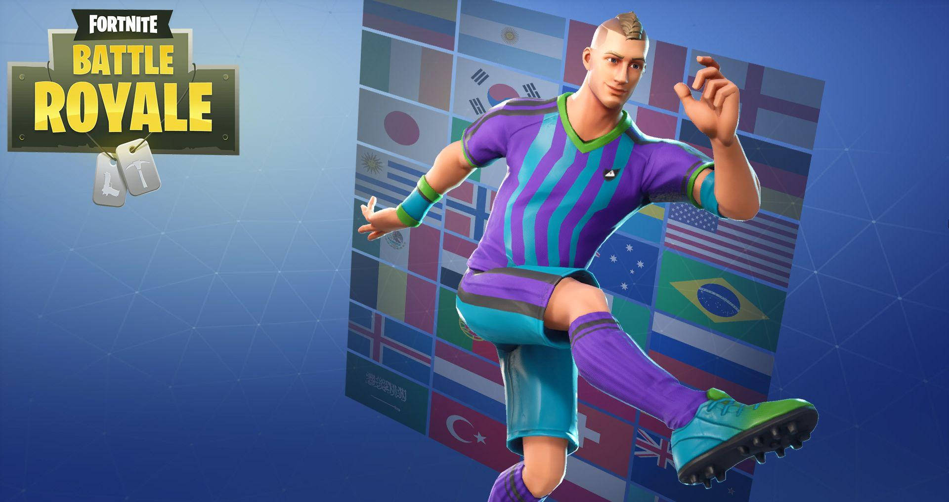 Fortnite 造型 桌布 壁紙 — 一位穿著紫色條紋球衣的《要塞英雄》大逃殺足球員在國際旗幟背景下踢球。