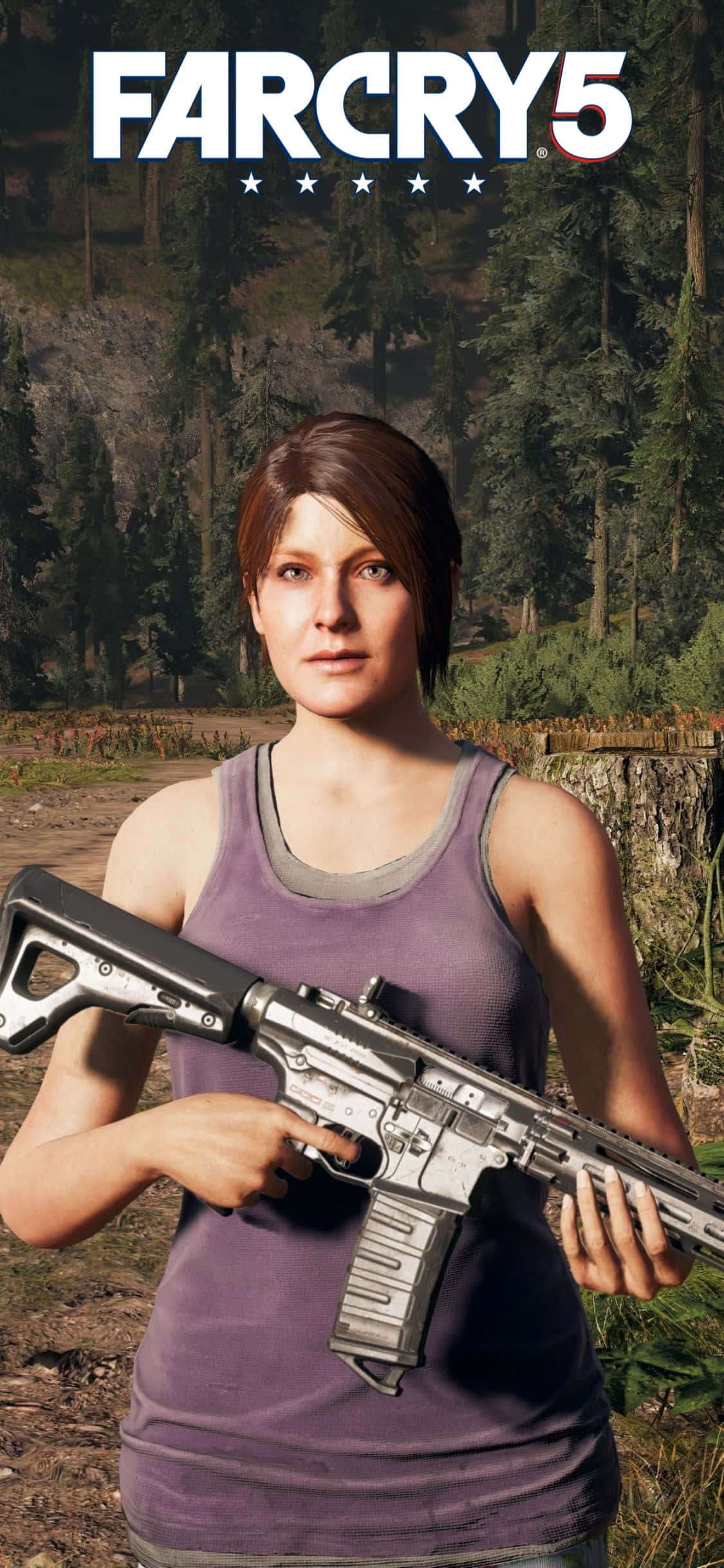 iPhone Xs Far Cry 5 桌布 壁紙 — 一位穿著紫色背心的女性在森林荒野中持步槍，上方有Far Cry 5標誌。