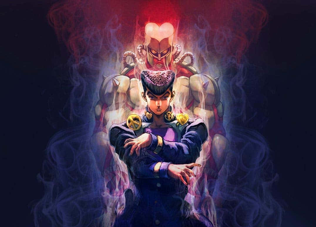 Diamond Is Unbreakable 桌布 壁紙 — 一位穿著紫色西裝的年輕男子自信地交叉雙臂站著，身後旋轉的煙霧中出現一個發光的紅色怪物身影。