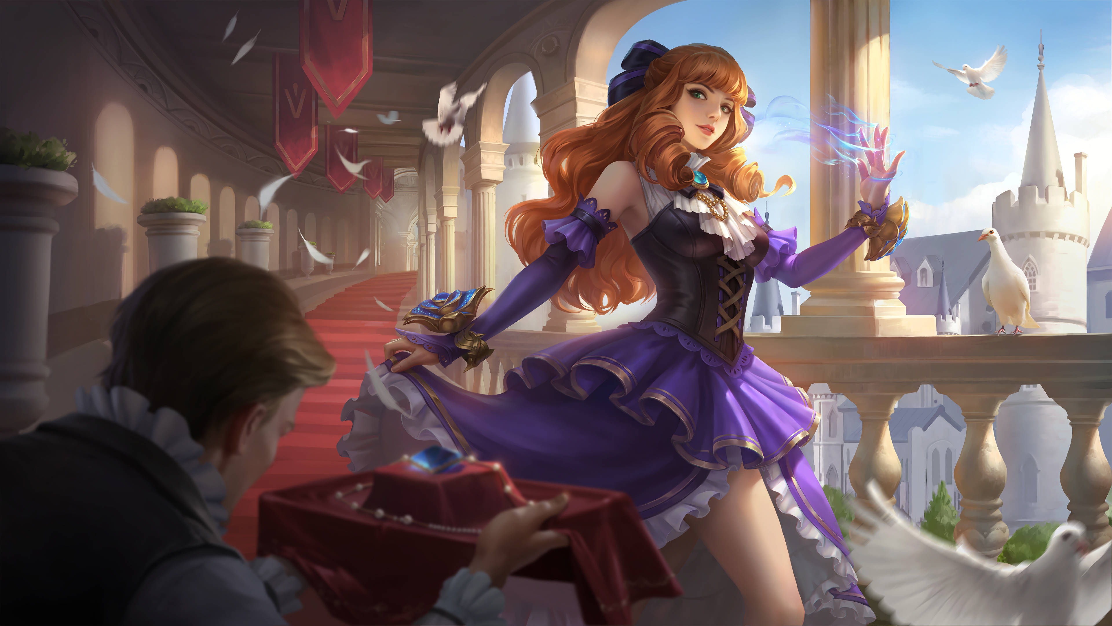 Guinevere 桌布 壁紙 — 一位穿著紫色連衣裙的奇幻動漫女孩在陽台上施展魔法，白鴿在她周圍飛翔。