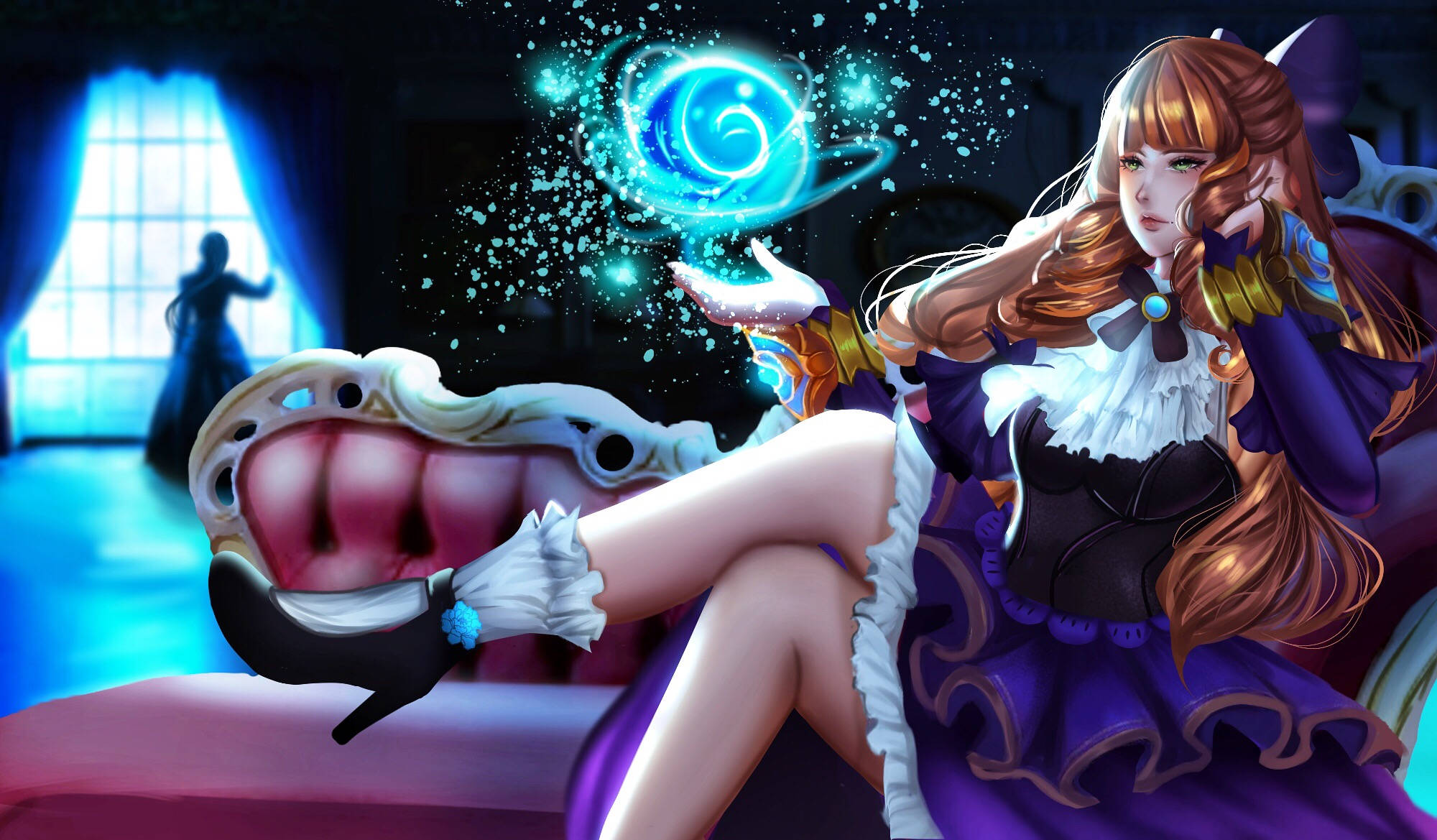 Guinevere 桌布 壁紙 — 一位穿著紫色連衣裙的奇幻動漫女孩，懶洋洋地躺在一個巨大的嘴巴形狀的王座上，召喚出一個發光的藍色螺旋球體。
