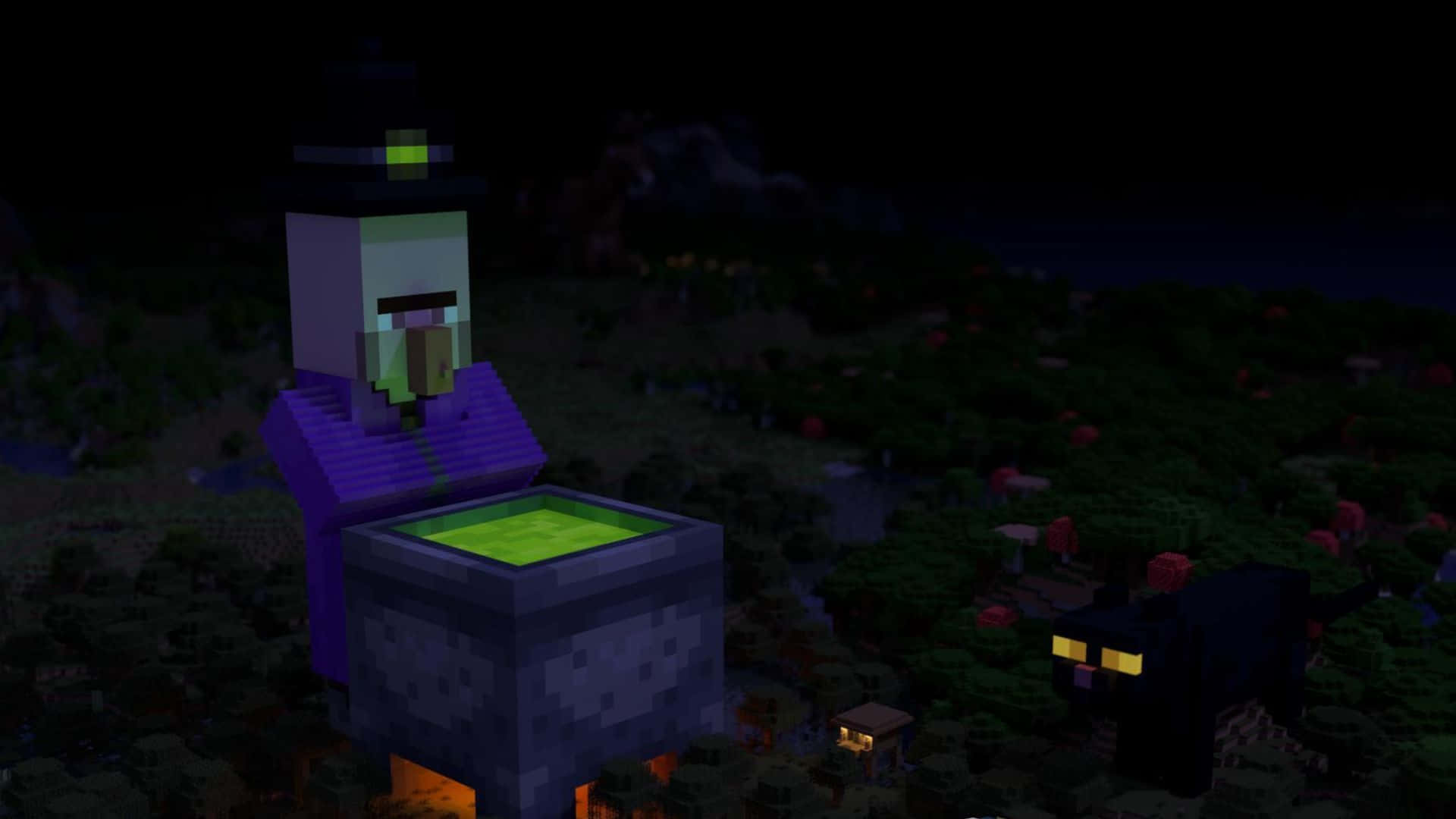 Minecraft Witch 桌布 壁紙 — 一位穿著紫色長袍的Minecraft女巫在夜晚攪拌一個發光的綠色大鍋，附近有一隻黑貓。