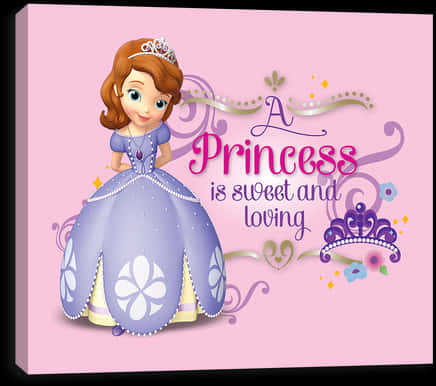 Sofia The First 桌布 壁紙 — 一位穿著紫色長袍的快樂卡通公主站在粉紅色背景上，旁邊有文字「公主是甜美和充滿愛心的」。