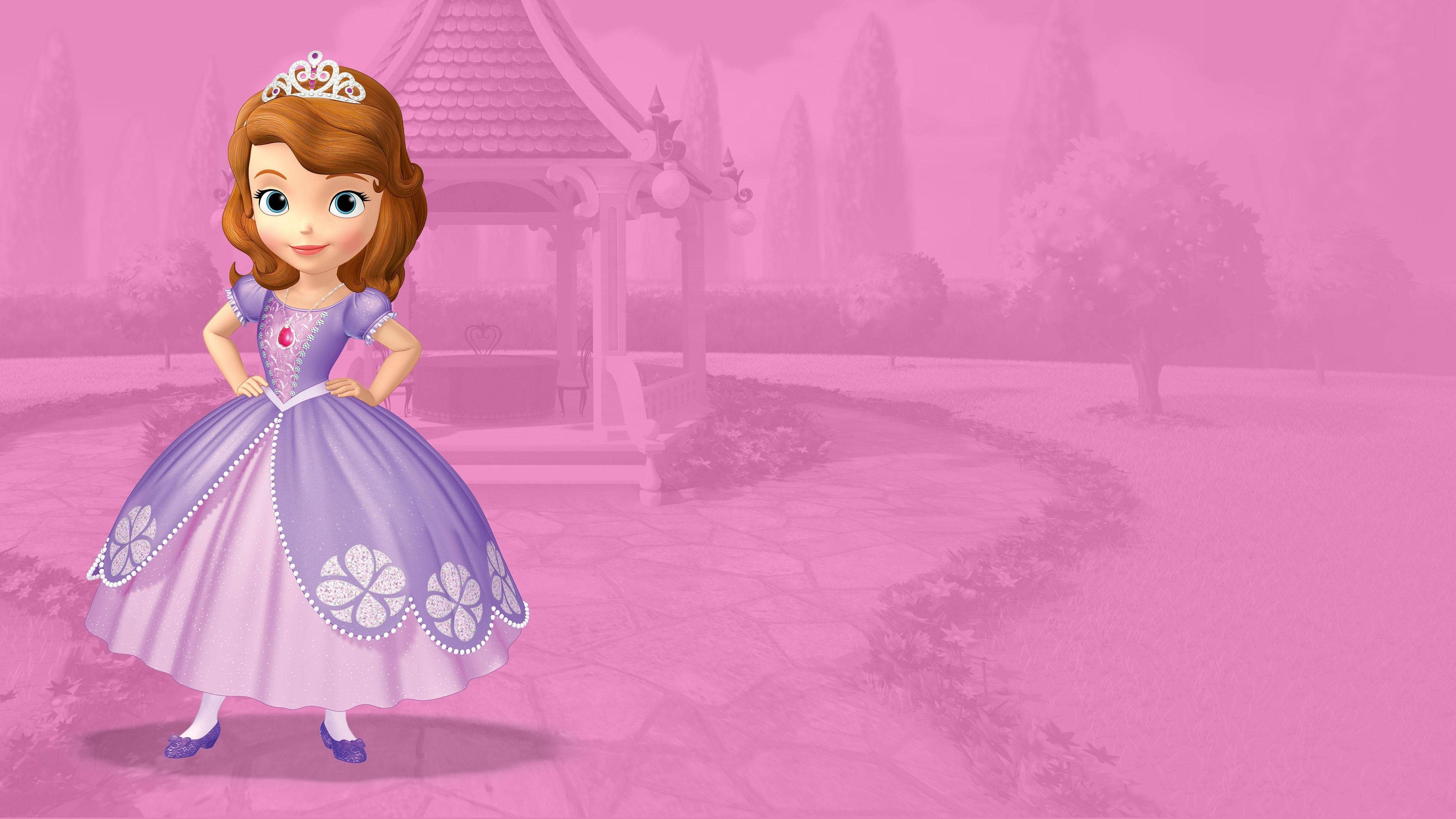 Princess 桌布 壁紙 — 一位穿著紫色長袍的開心動畫公主自信地站在粉紅色花園中，背景有一座涼亭。