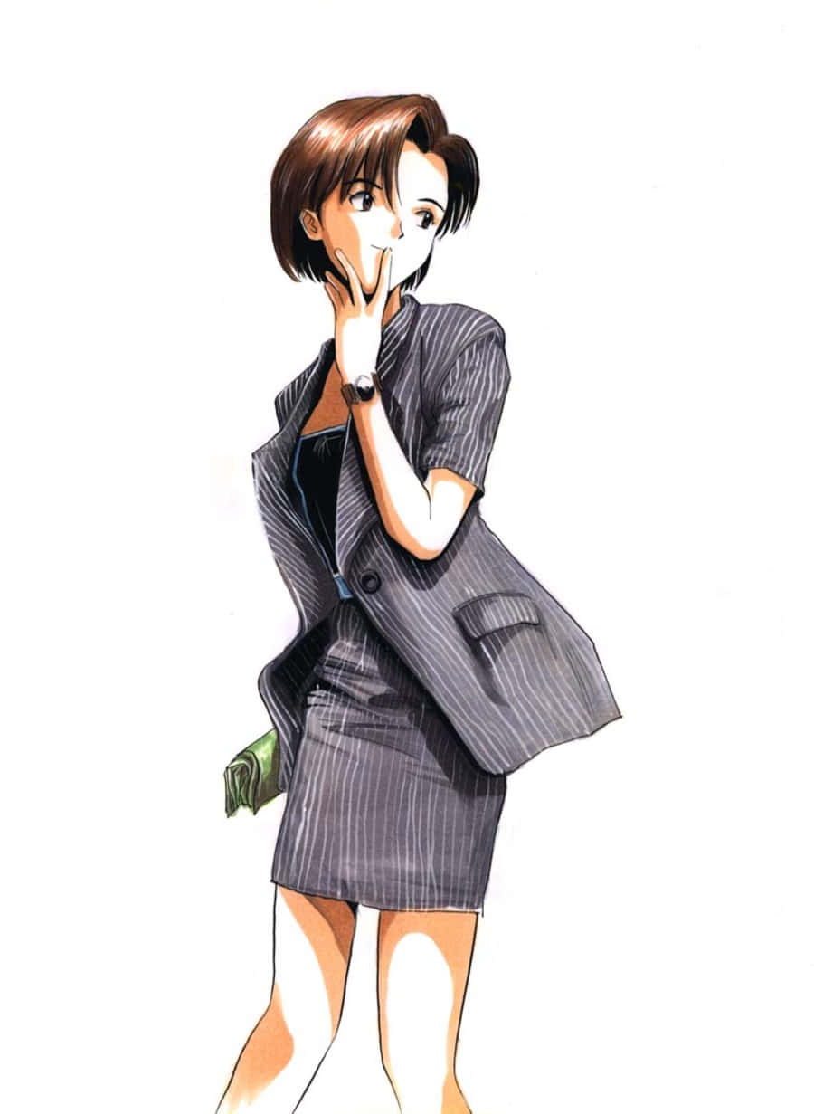 Maya Ibuki 桌布 壁紙 — 一位穿著細條紋西裝的時尚動漫女性，在純白背景前將手靠近嘴邊擺姿勢。