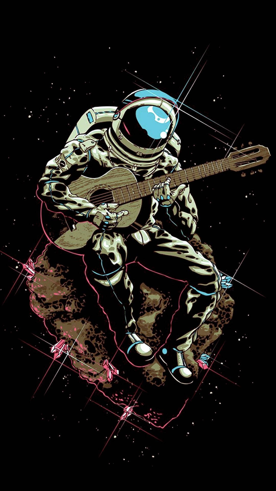 手機 桌布 壁紙 — 一位穿著細節太空衣的太空人，在佈滿星星的黑色太空背景下，漂浮在岩石小行星上彈奏木吉他，並有粉紅色能量線條。