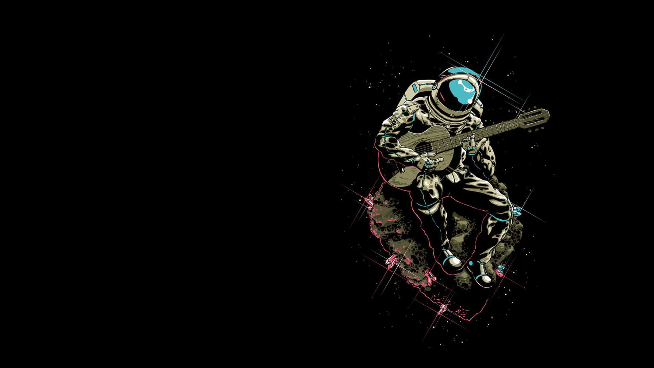 Astronaut Desktop 桌布 壁紙 — 一位穿著細節豐富太空衣的太空人，在佈滿星星的黑色虛空中，漂浮在岩石小行星上彈吉他。