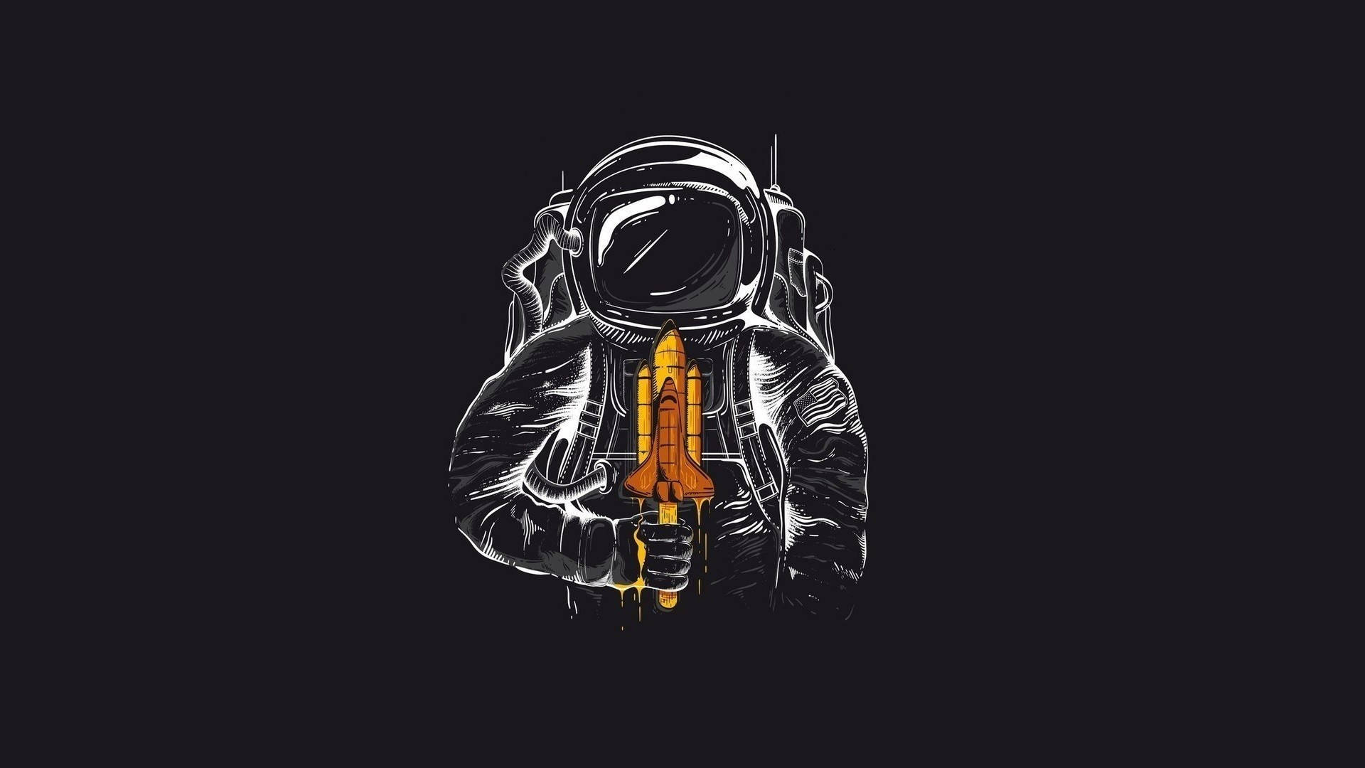 Astronaut In Space 桌布 壁紙 — 一位穿著細節豐富太空衣的太空人，在黑暗背景中拿著一個發光的橙色火箭。
