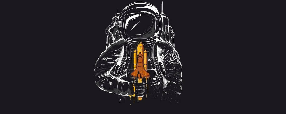  壁紙 — 一位穿著細節豐富太空衣的太空人，在黑暗背景中手持發光的橙色火箭。