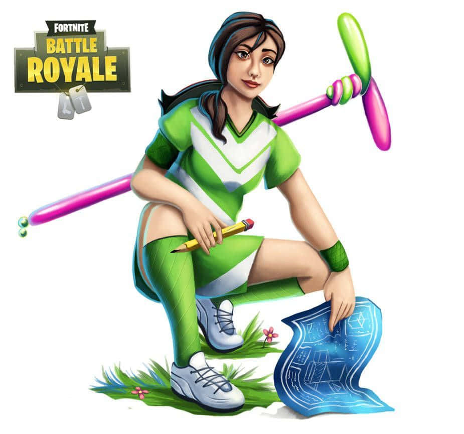 Sweaty Soccer Skin 桌布 壁紙 — 一位穿著綠色和白色制服的Fortnite啦啦隊員蹲在草地上，拿著鉛筆和藍圖，還有螺旋槳武器。