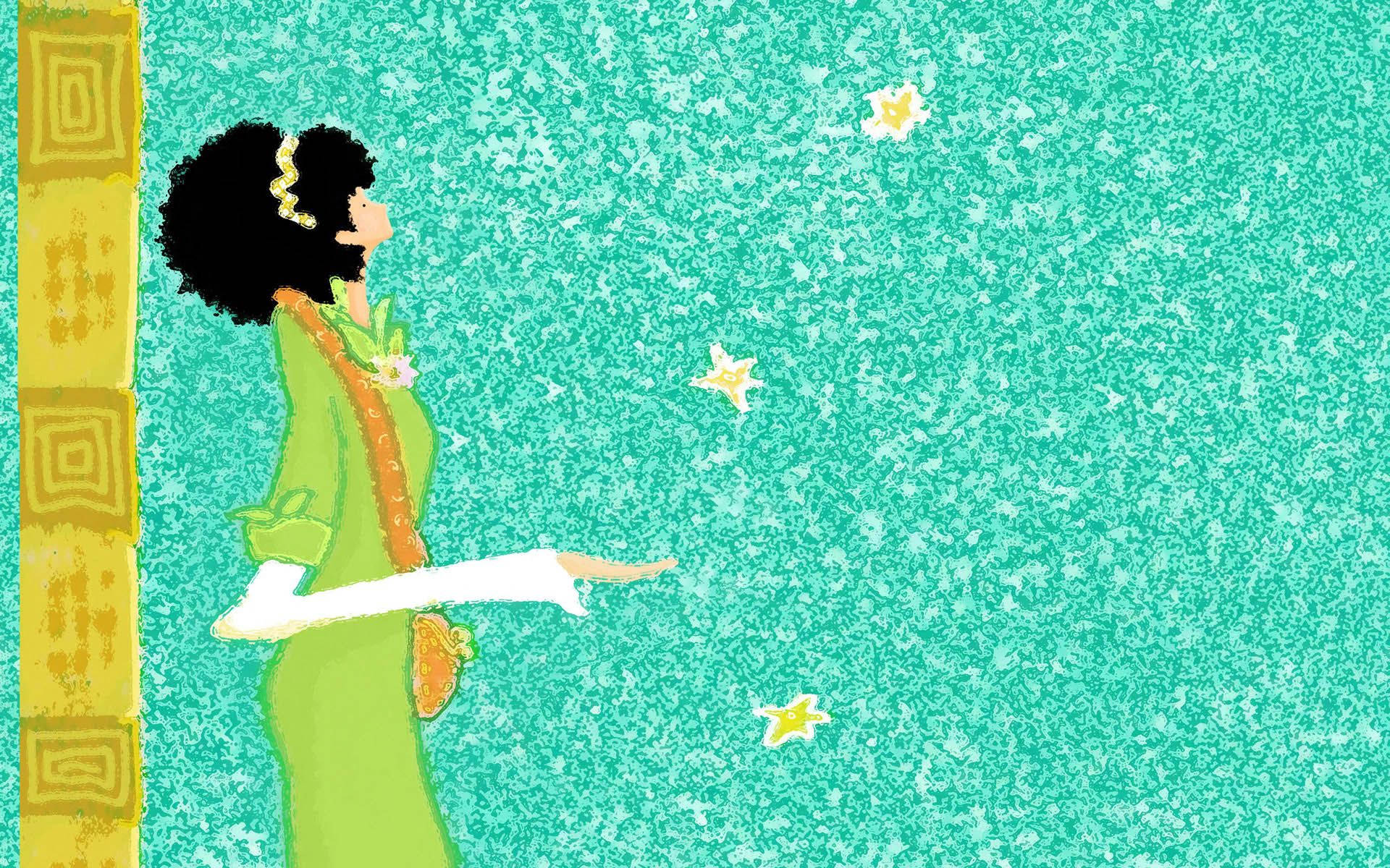 女孩 桌布 壁紙 — 一位穿著綠色連衣裙的風格化女性，在帶有黃色圖案邊框的紋理青綠色背景上，輕輕釋放發光的星星。