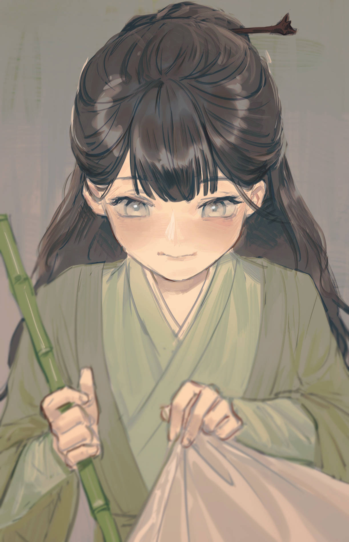 mo 桌布 壁紙 — 一位穿著綠色長袍的年輕動漫女孩，手持竹杖和布，表情溫柔。