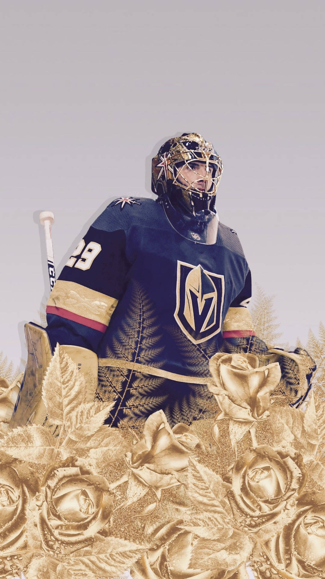 hockey 桌布 壁紙 — 一位穿著維加斯金騎士球衣的冰球守門員，站在一個佈滿蕨類植物的奢華金色玫瑰花園中。