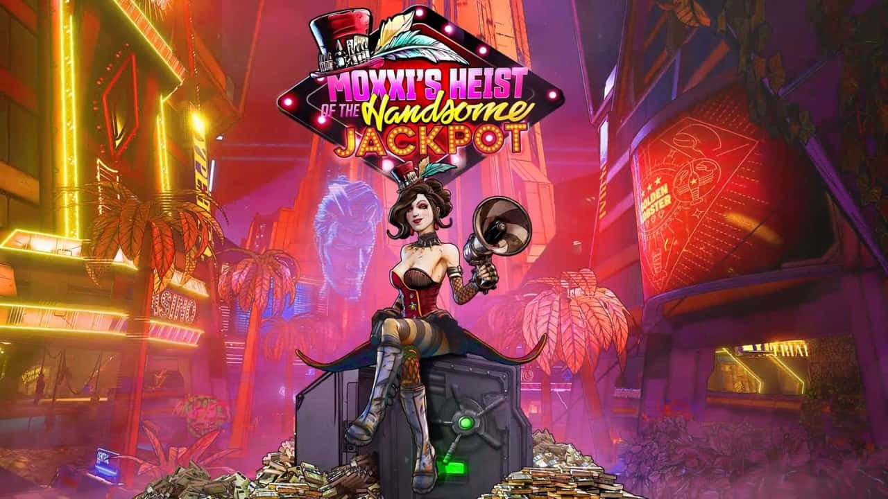 電玩遊戲 桌布 壁紙 — 一位穿著緊身馬甲和高帽的迷人蛇蠍美人站在霓虹閃爍的賽博龐克賭場中一個堆滿黃金的保險庫頂上。