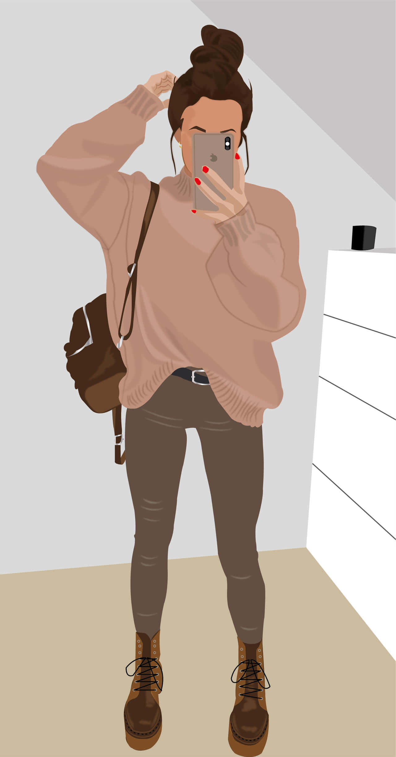 selfie 桌布 壁紙 — 一位穿著舒適米色毛衣和棕色靴子的女性在極簡風格的房間裡對著鏡子自拍。