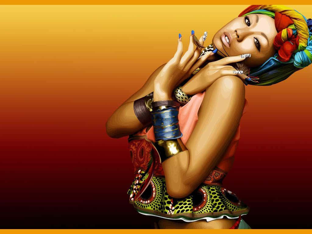 African Culture 桌布 壁紙 — 一位穿著色彩繽紛部落服飾的女性，在溫暖漸層日落背景前擺姿勢的充滿活力的數位肖像。