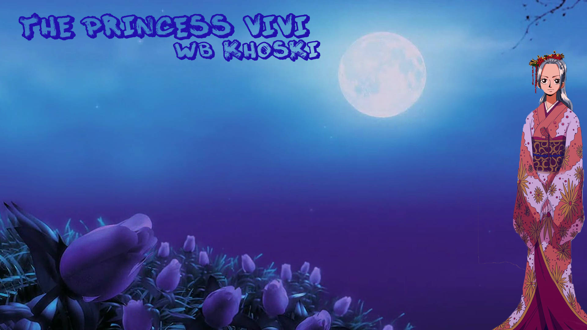 nefertari vivi 桌布 壁紙 — 一位穿著花卉和服的公主站在滿月下，旁邊是發光的紫色花朵，呈現寧靜的夜景。