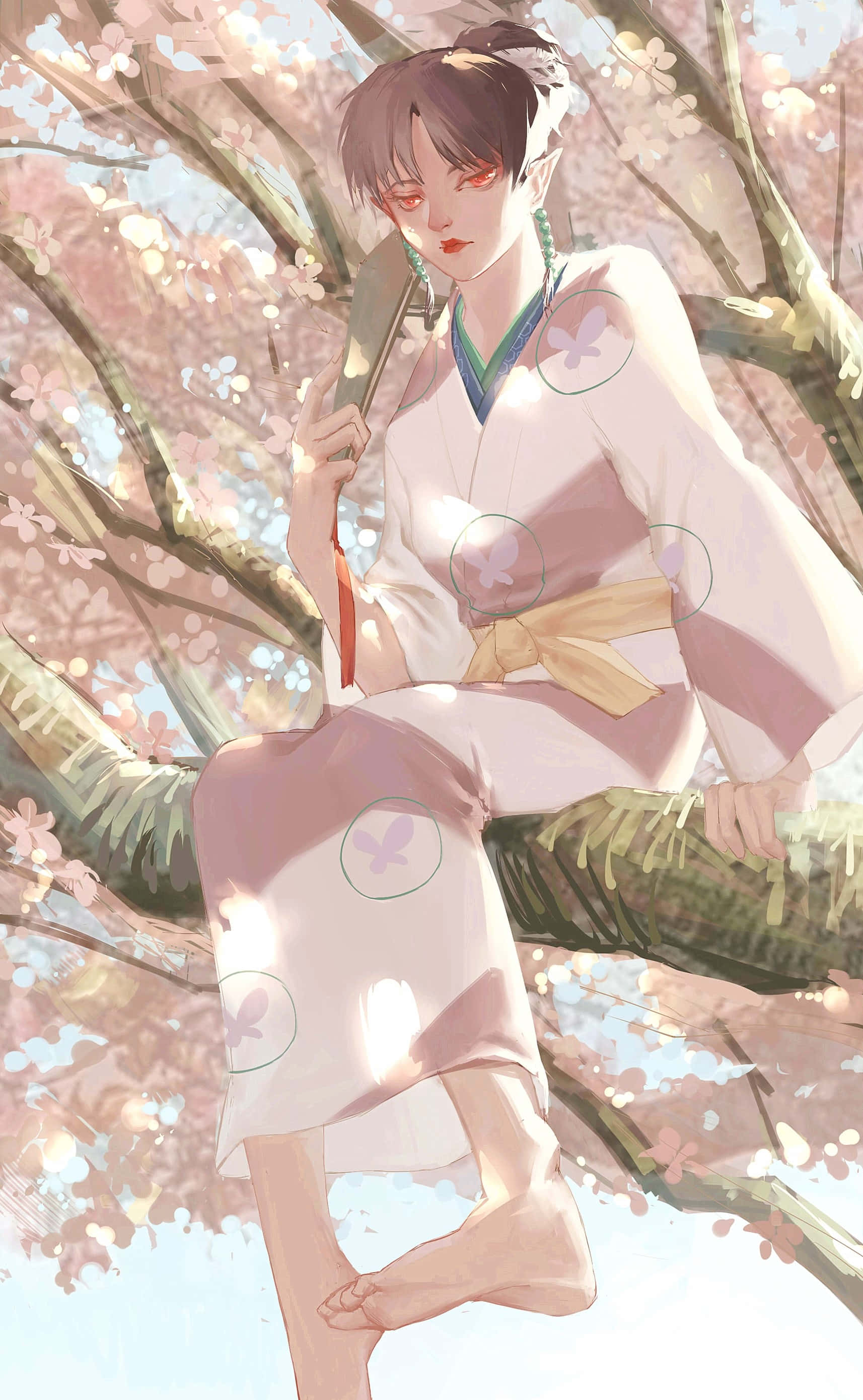 Inuyasha Kagura 桌布 壁紙 — 一位穿著花卉和服的寧靜動漫女孩，赤腳坐在櫻花樹枝上，周圍是柔軟的粉紅色花瓣。