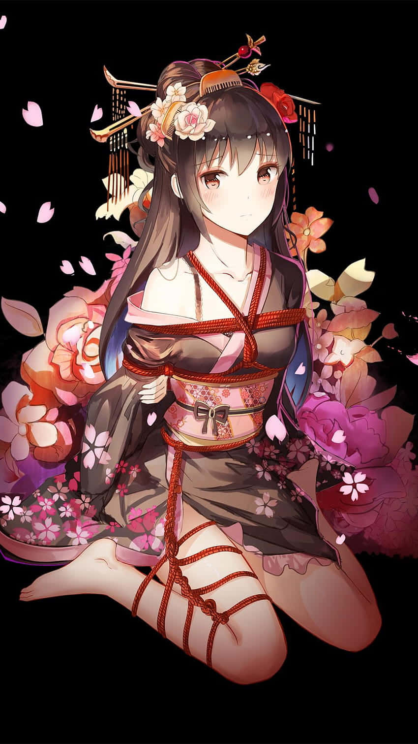 Beautiful Anime 桌布 壁紙 — 一位穿著花卉和服的寧靜動漫女孩在黑暗背景下跪在飄落的櫻花中。