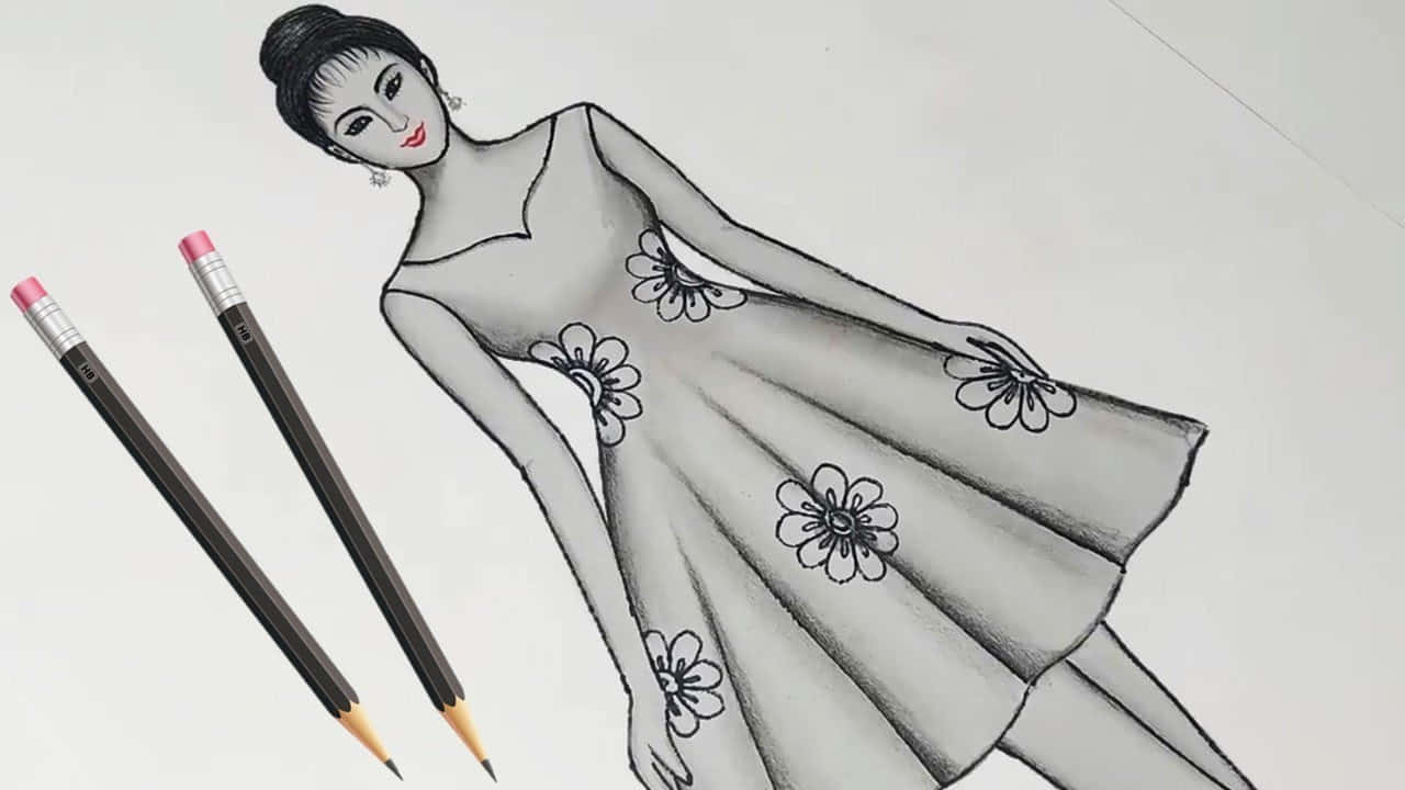 Sketch Art 桌布 壁紙 — 一位穿著花卉連衣裙的女性的時尚鉛筆素描，旁邊有兩支鉛筆在白紙上。