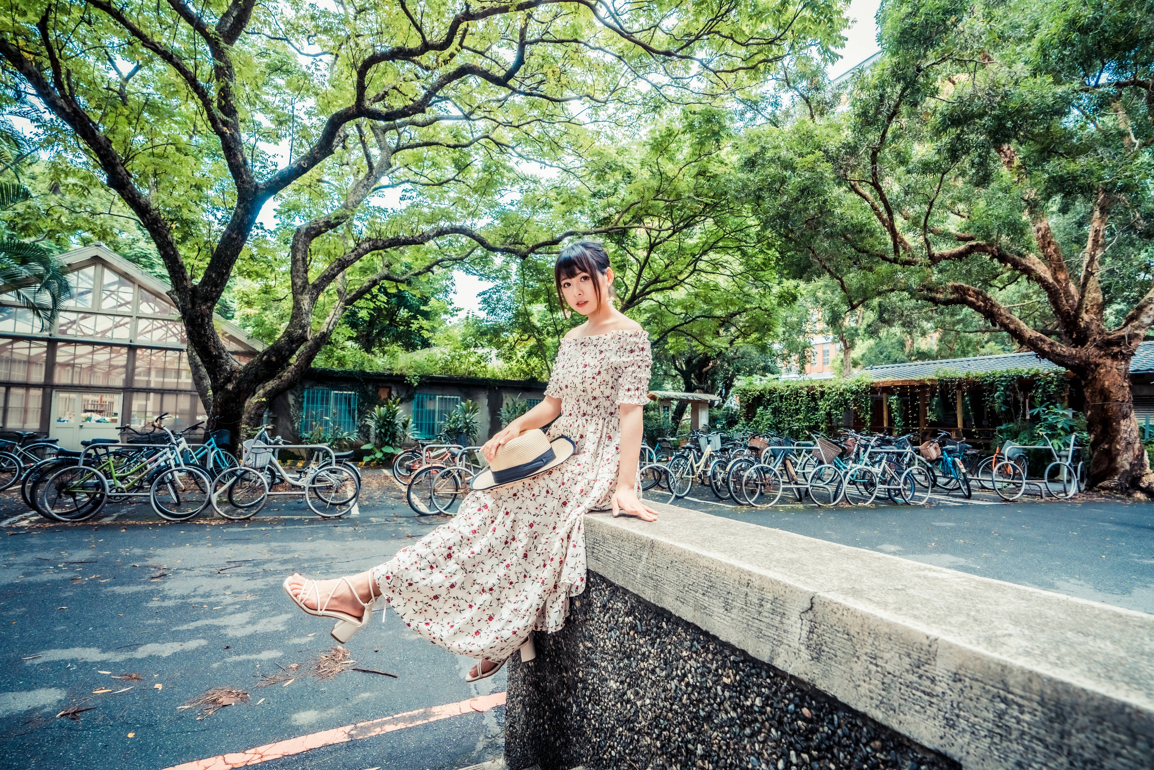 洋裝 桌布 壁紙 — 一位穿著花卉連衣裙的年輕女士優雅地坐在石頭邊緣上，上方是茂密的綠樹樹冠，附近停著自行車。