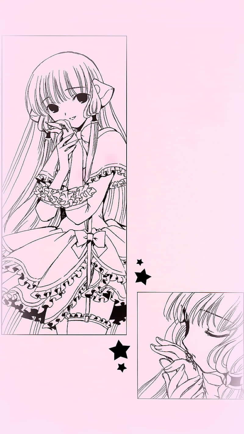 Pastel Pink Aesthetic Anime 桌布 壁紙 — 一位穿著荷葉邊裙子的精緻動漫女孩，在帶有星星點綴的柔和粉紅色背景上溫柔地微笑。