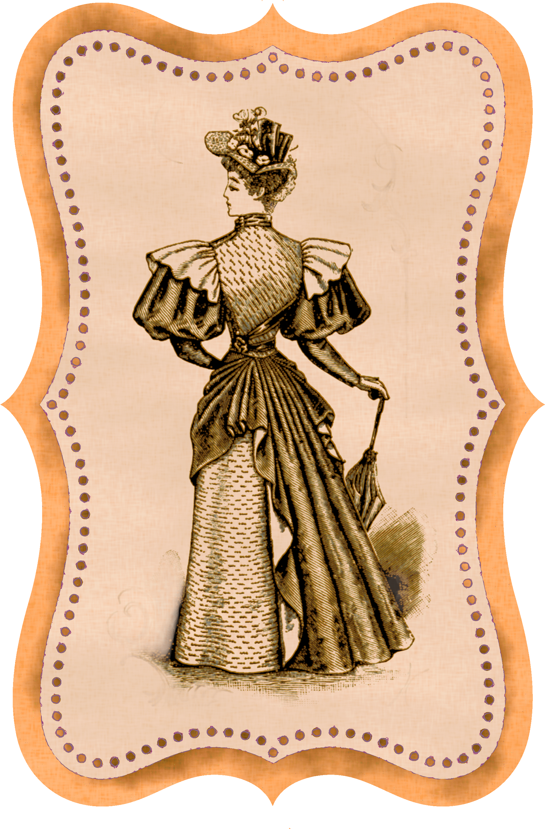 Victorian 桌布 壁紙 — 一位穿著華麗19世紀服飾的女性在裝飾性框架內撐著雨傘的復古插圖。