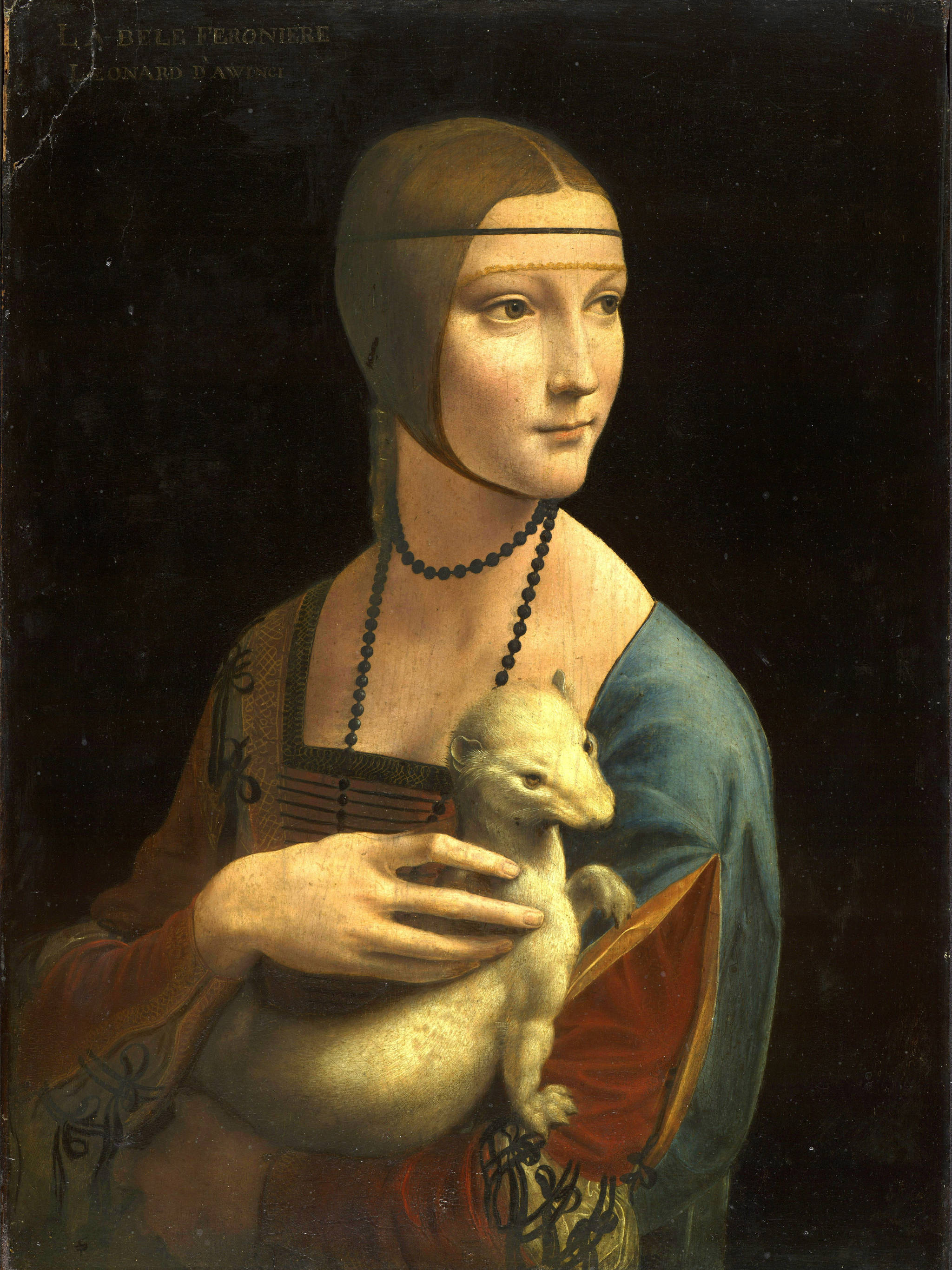 Leonardo Da Vinci 桌布 壁紙 — 一位穿著華麗服飾的文藝復興時期女性，在深色背景前抱著一隻白色小動物。