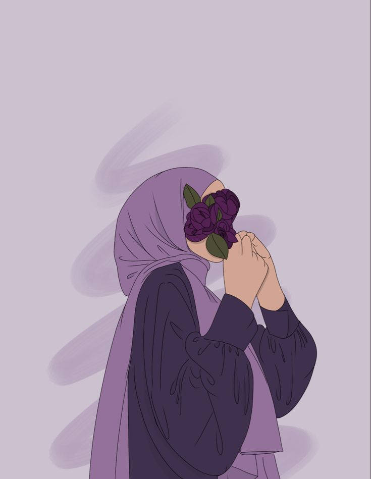 一位穿著薰衣草色頭巾的女性，將一朵紫色玫瑰舉在臉上。 — 美少女動態圖 壁紙