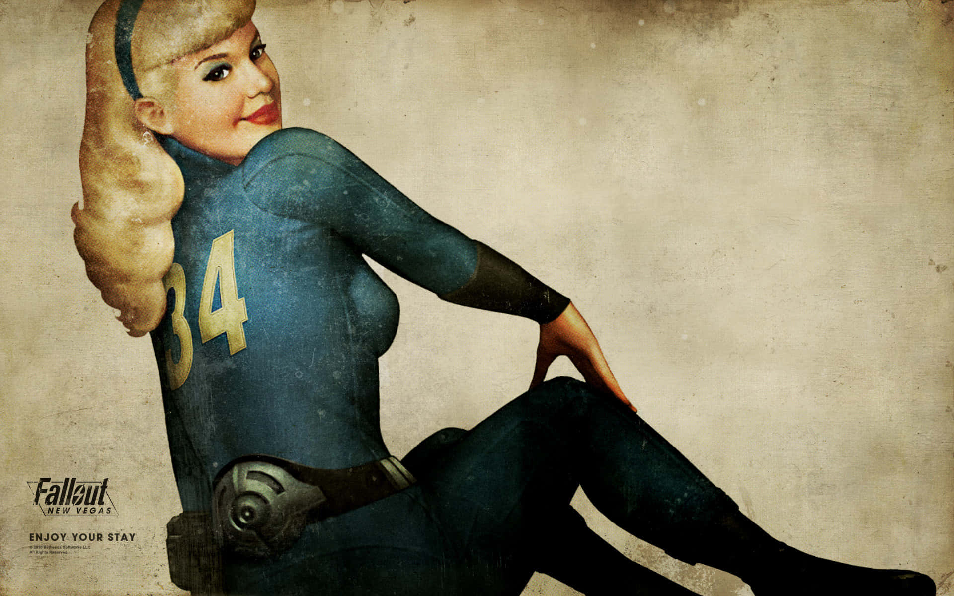 Woman 桌布 壁紙 — 一位穿著藍色Vault Dweller連身衣、編號34的復古風格女性，自信地坐在有紋理的米色牆壁前。