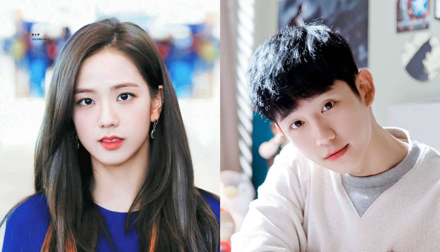 drama 桌布 壁紙 — 一位穿著藍色上衣的長黑髮女性和一位穿著奶油色毛衣、頭髮蓬亂的男性的分割肖像，兩人都看著相機。