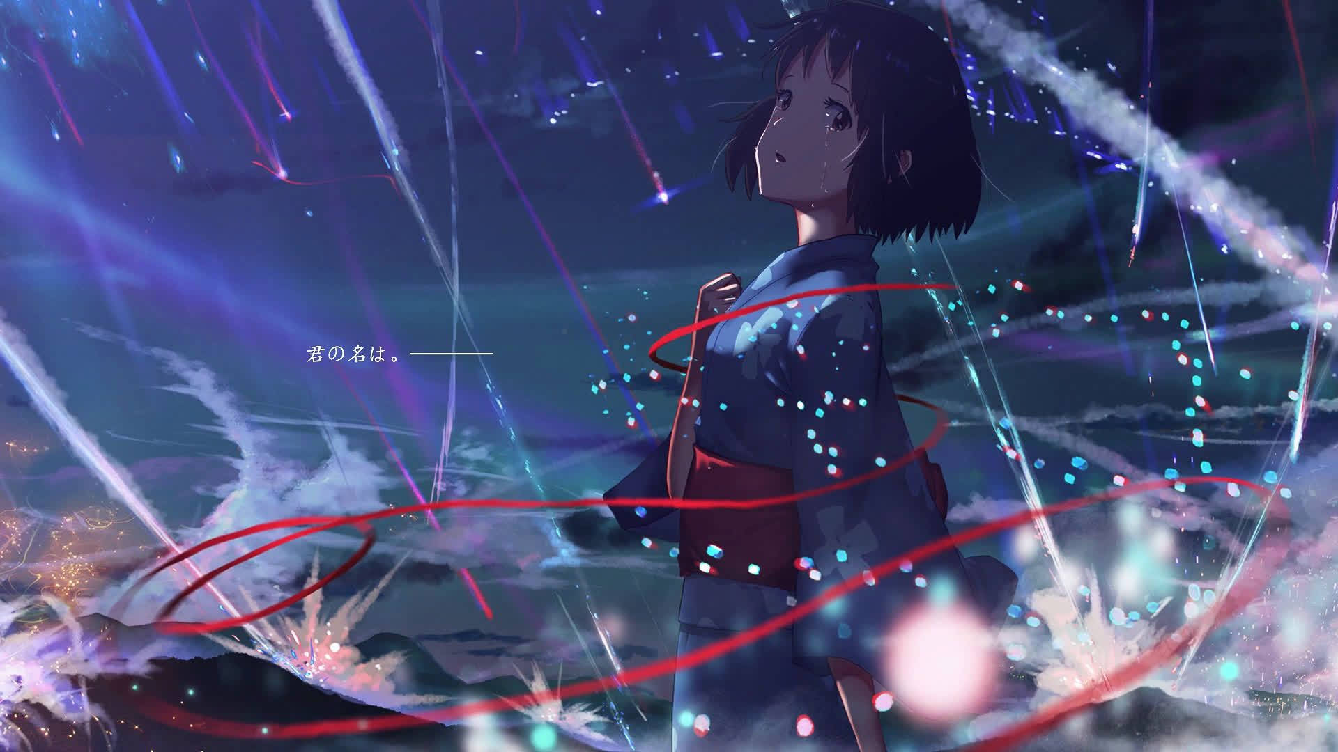 穿著藍色和服的動漫女孩，夜晚被發光的宇宙軌跡和閃爍的光芒包圍。