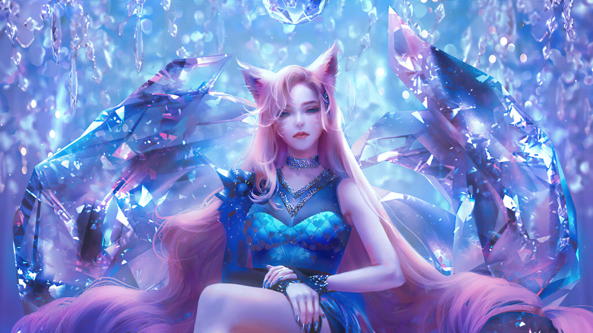 Beautiful Artistic 桌布 壁紙 — 一位穿著藍色寶石裙的狐耳動漫女孩，優雅地坐在發光的紫色和藍色水晶 formations 中。