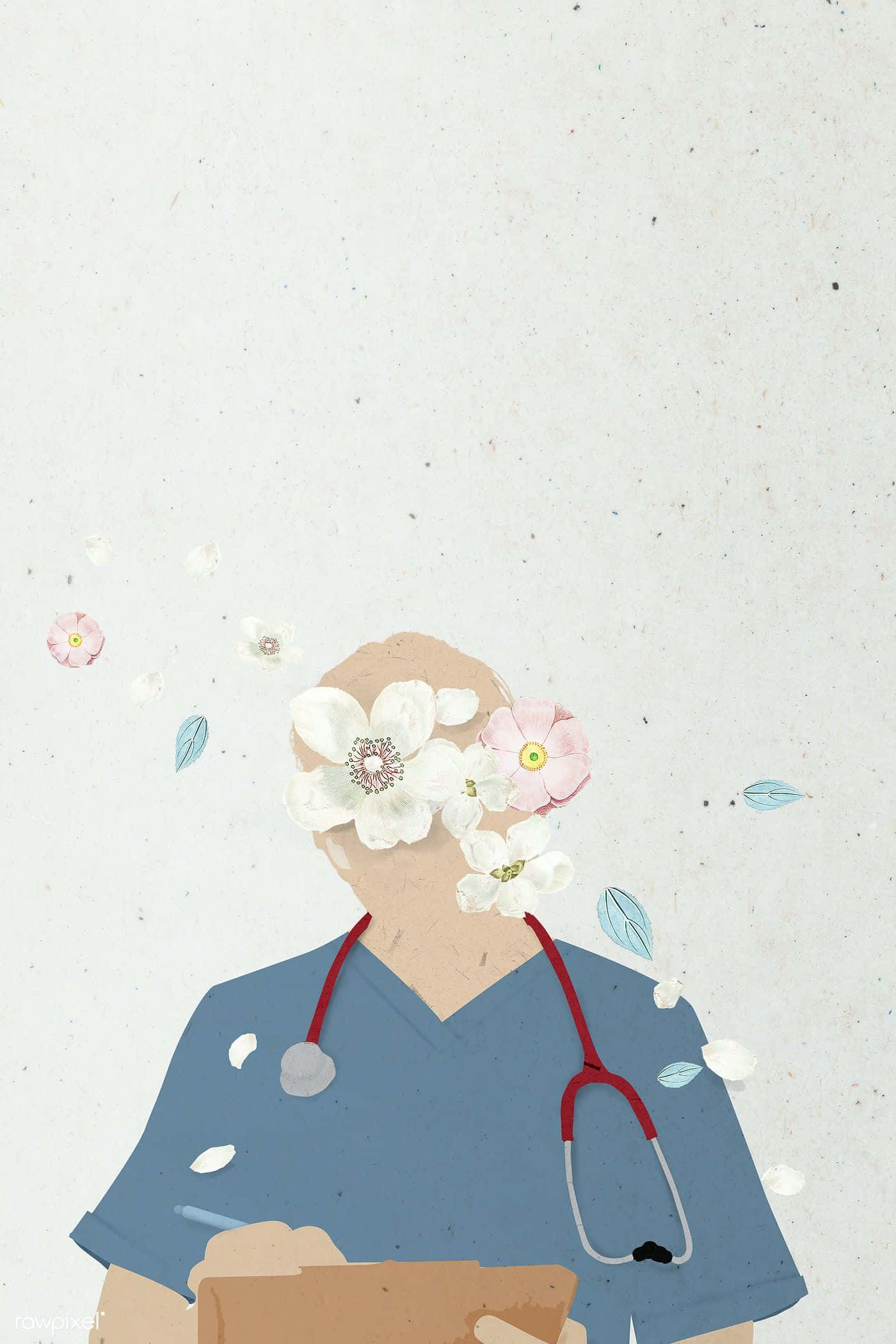 Medical 桌布 壁紙 — 一位穿著藍色手術服的醫生，在紋理米白色背景前，手持一個上面有花朵盛開的剪貼板，花朵遮蓋了他們的臉。