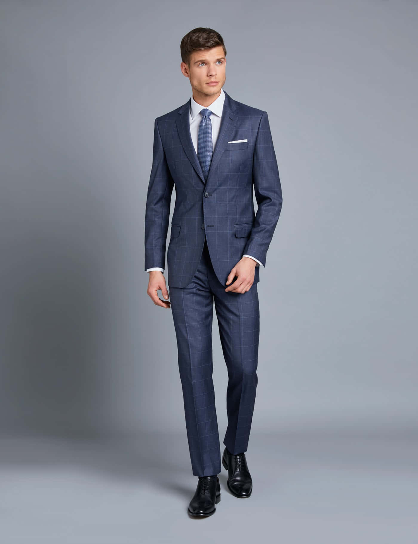 Navy Blue Coat 桌布 壁紙 — 一位穿著藍色格紋西裝、衣著講究的男子，自信地站在中性灰色攝影棚背景前。