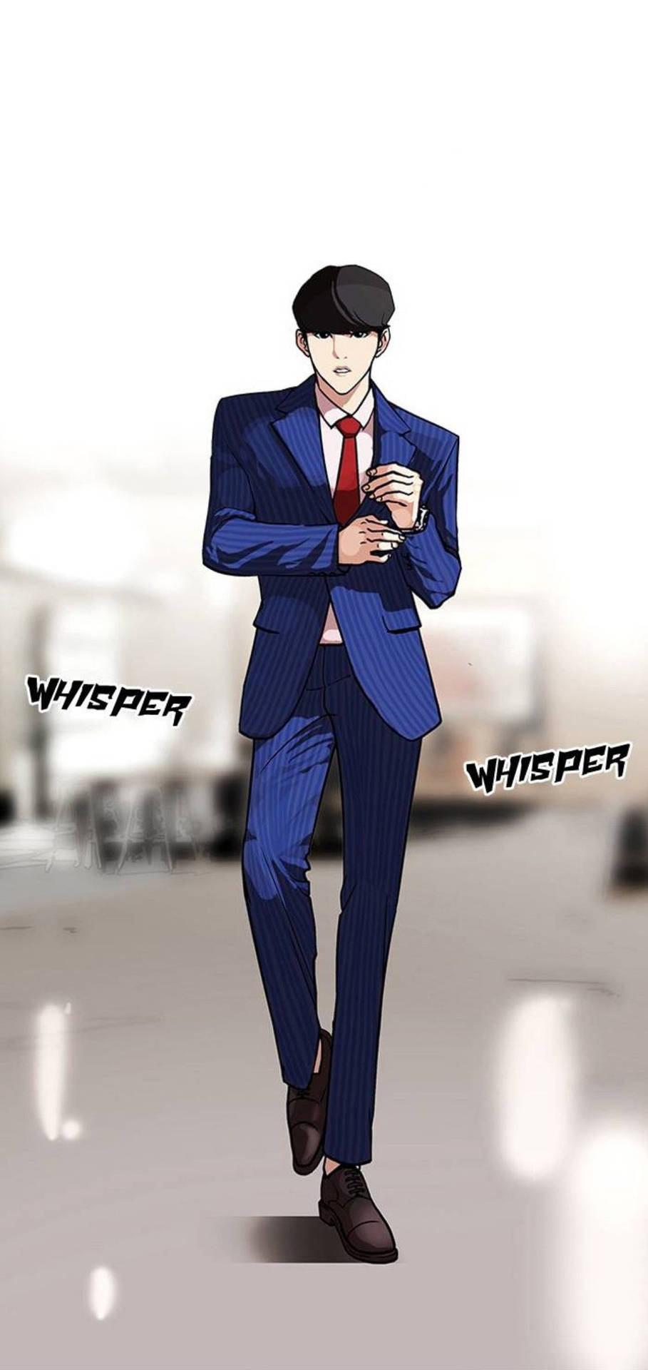 一位穿著藍色西裝的男士拿著咖啡杯行走，附近有「whisper」文字漂浮。 — 看臉時代 GIF 壁紙