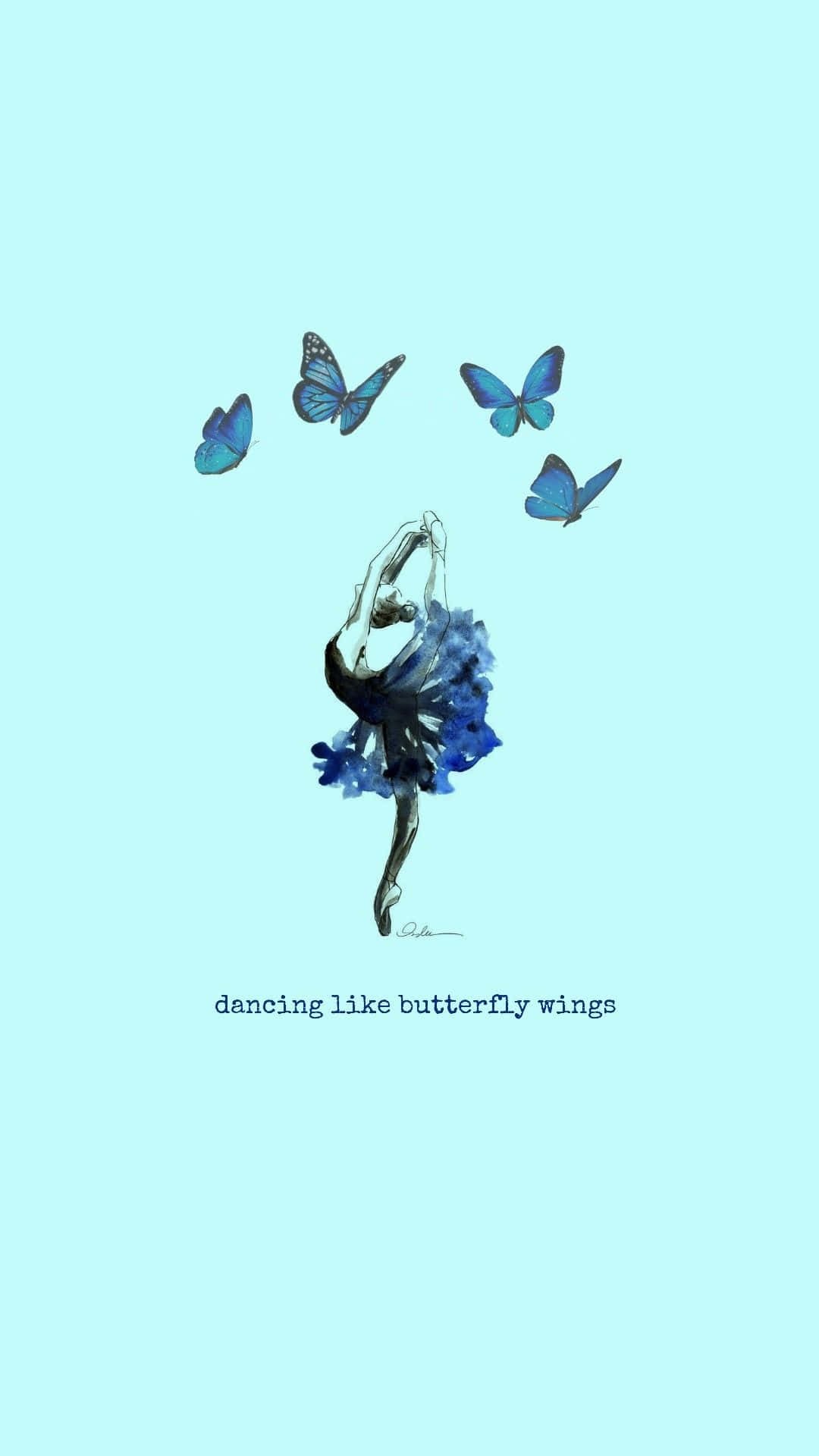 Ballet Dancer 桌布 壁紙 — 一位穿著藍色芭蕾舞裙的芭蕾舞者優雅地跳躍，帶有蝴蝶翅膀，被四隻藍色蝴蝶環繞，背景是柔和的青色。