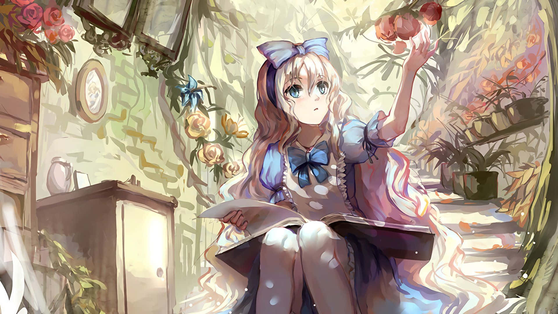 Alice Wonderland Aesthetic 桌布 壁紙 — 一位穿著藍色蝴蝶結連衣裙的年輕動漫女孩，在陽光明媚、鮮花盛開的花園房間裡，一邊看書一邊伸手去拿水果。
