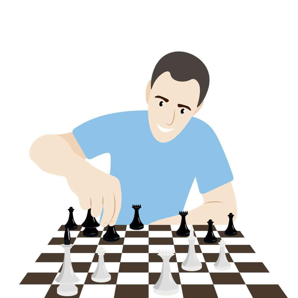 Chessboard 桌布 壁紙 — 一位穿著藍色襯衫的微笑男子正在棋盤上玩黑白棋子的國際象棋。