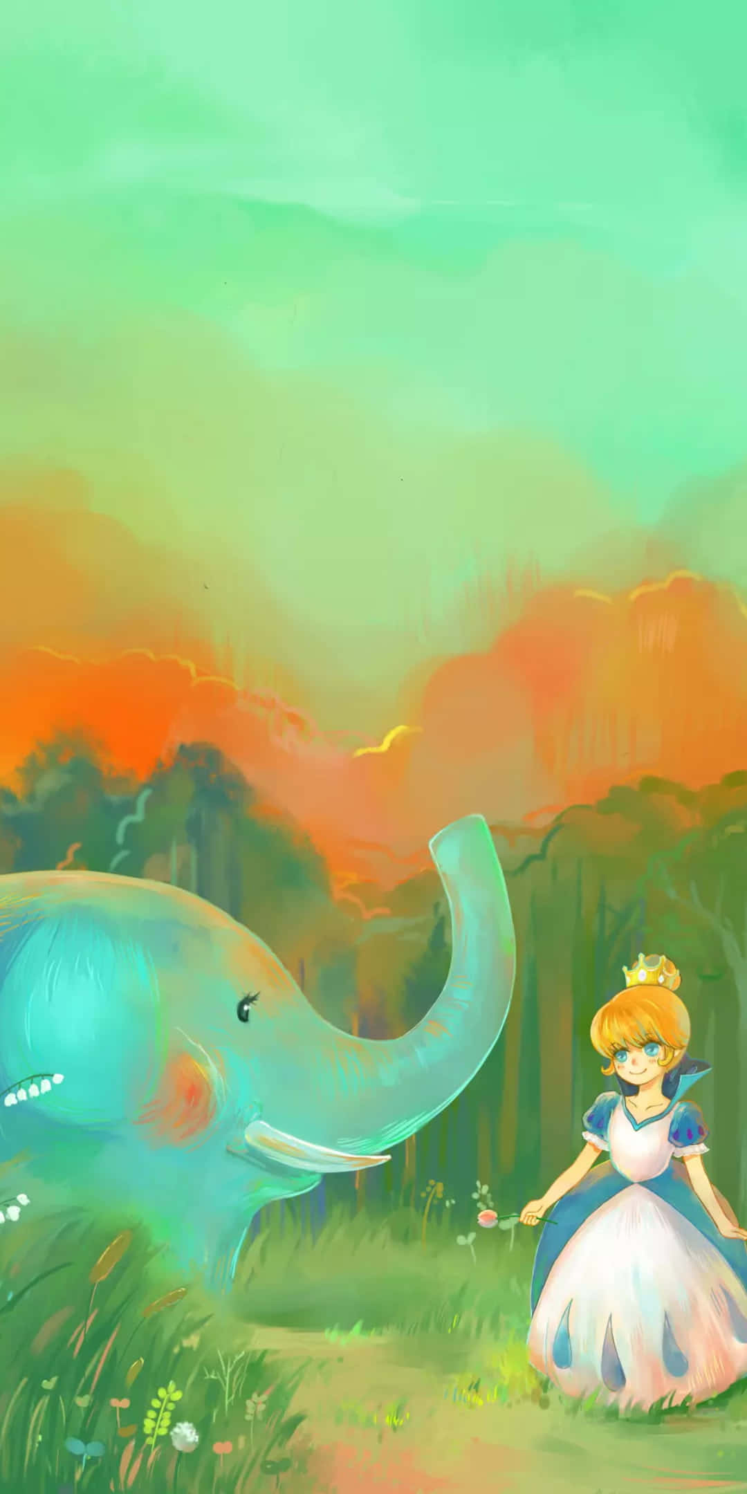 Kawaii Elephant 桌布 壁紙 — 一位穿著藍色連衣裙的年輕公主站在夕陽下的田野中，旁邊是一隻發光的綠松色大象。