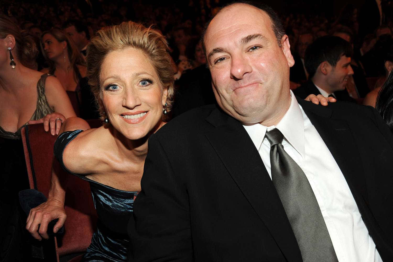 James Gandolfini 桌布 壁紙 — 一位穿著藍色連衣裙的微笑女士和一位穿著黑色西裝的男士在溫暖的舞台燈光下，在擁擠的活動中一起擺姿勢。